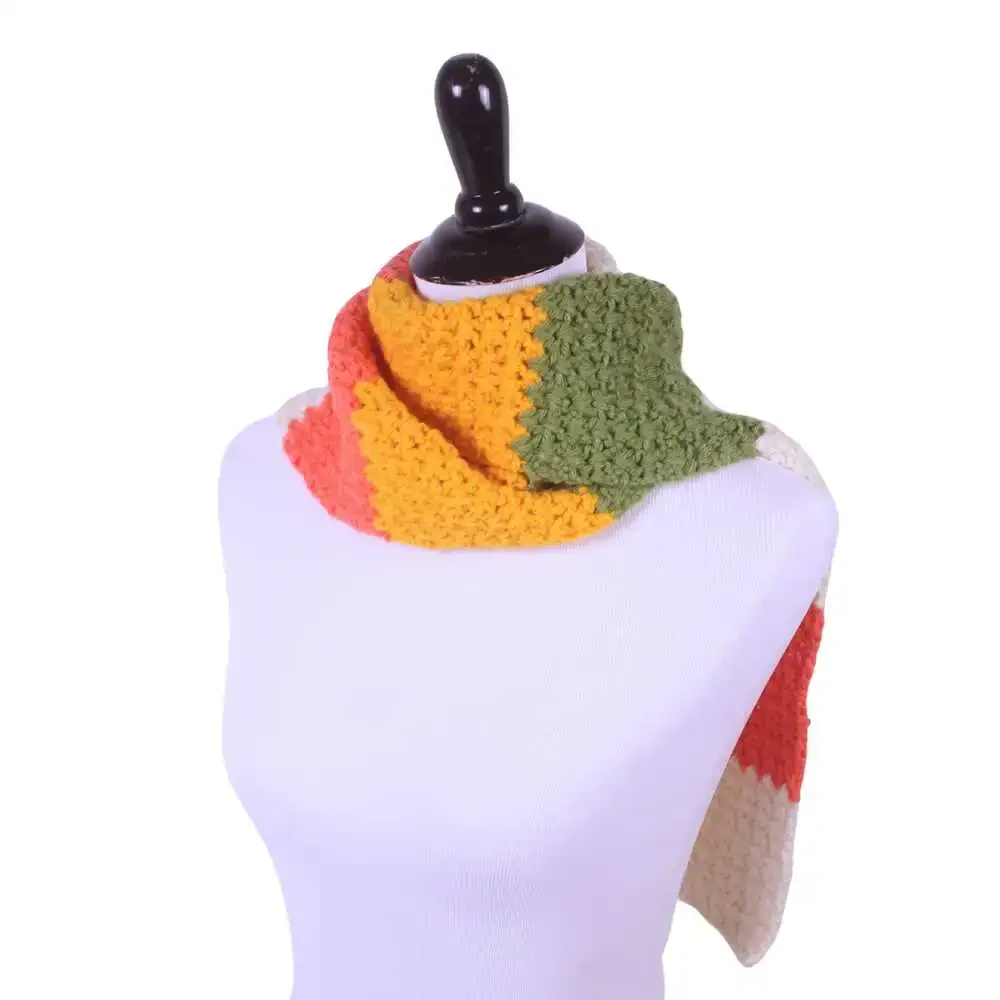Vibrant Striped Acrylic Scarf - Beige, Orange, Green, Yellow - Fashion Accessory